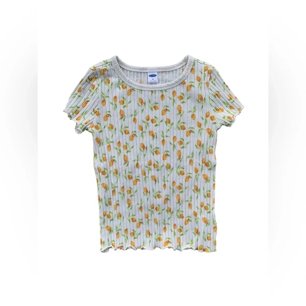 Old Navy Size 5T Lemon Print Ribbed Lettuce Edge Tee